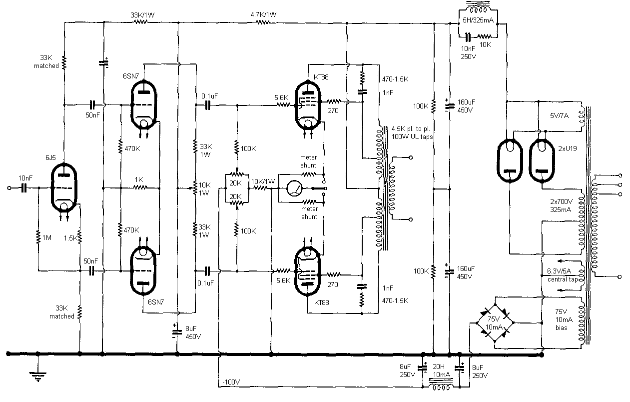 KT88 Schematic by GEC Ltd in December 1957. Power 100W.